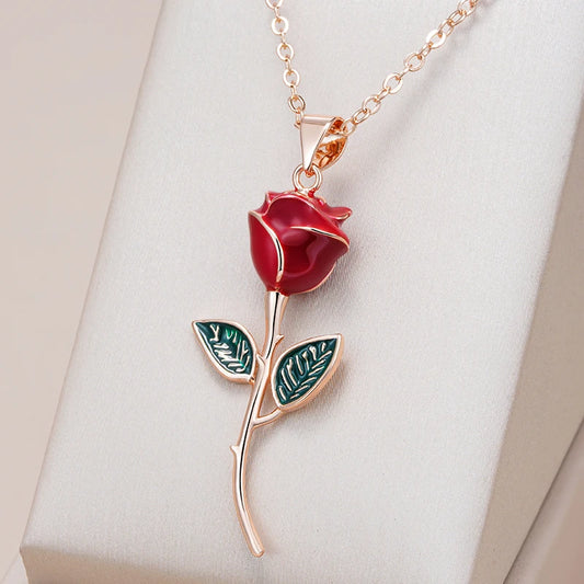 Kinel Unique Creative Rose Pendant Necklace For Women Fashion 585 Rose Gold Color With Red Enamel Vintage Daily Fine Jewelry Ozeroz